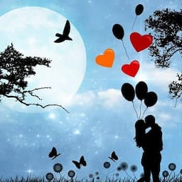 Dessin représentant 2 personnes qui s'embrasse au claire de lune avec des ballons et cœur rouge