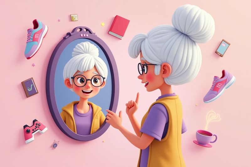 Jeune femme curieuse se regardant dans un miroir magique qui la reflète en vieille dame sage