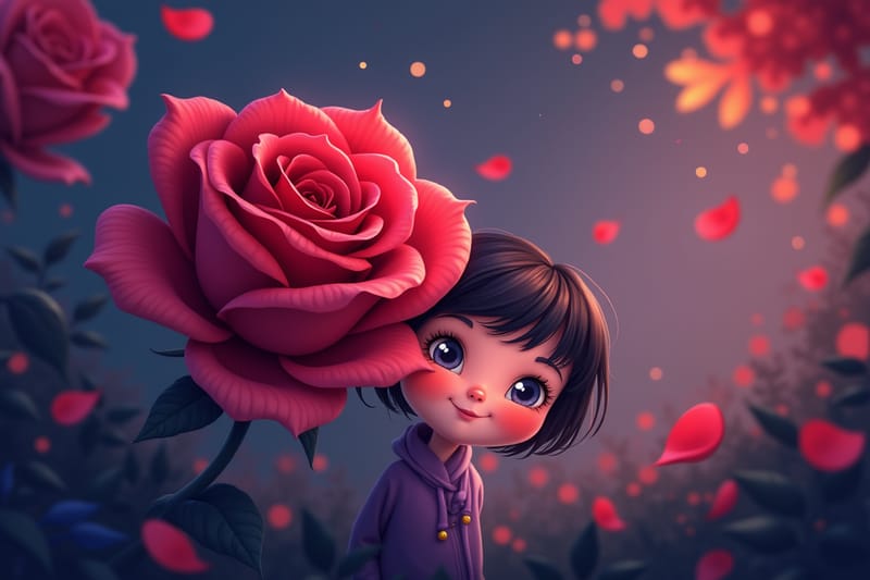 Personnage timide qui se cache derrière une rose rouge géante