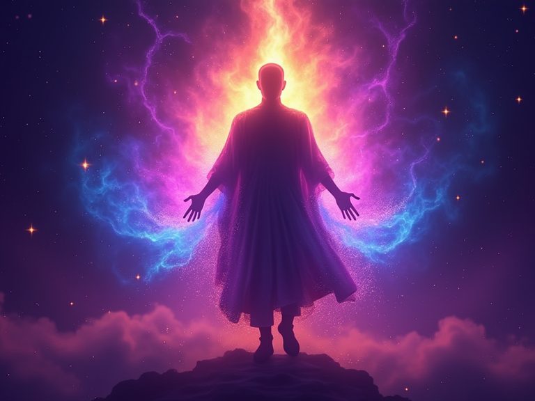Silhouette avec une aura énergétique violette et dorée