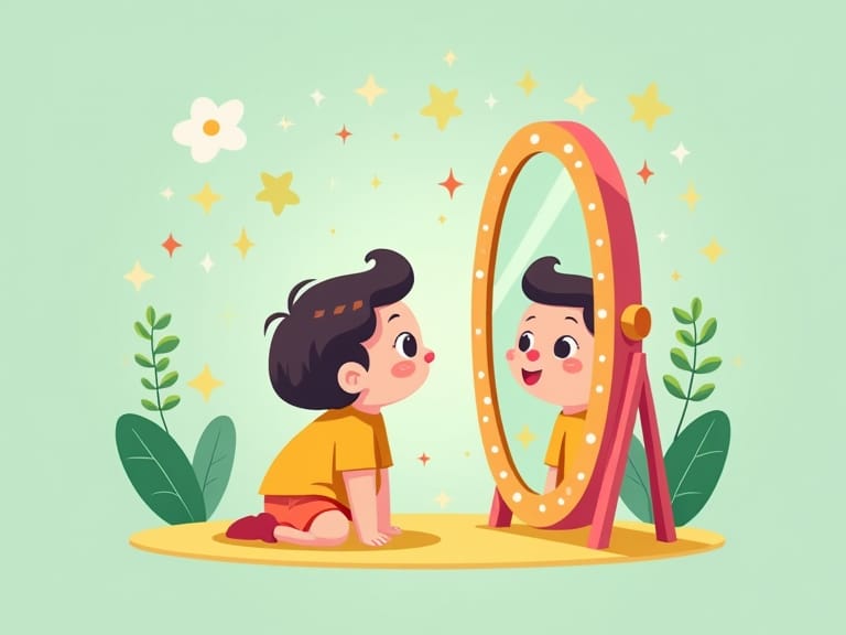 Enfant regardant dans un miroir magique qui reflète son double