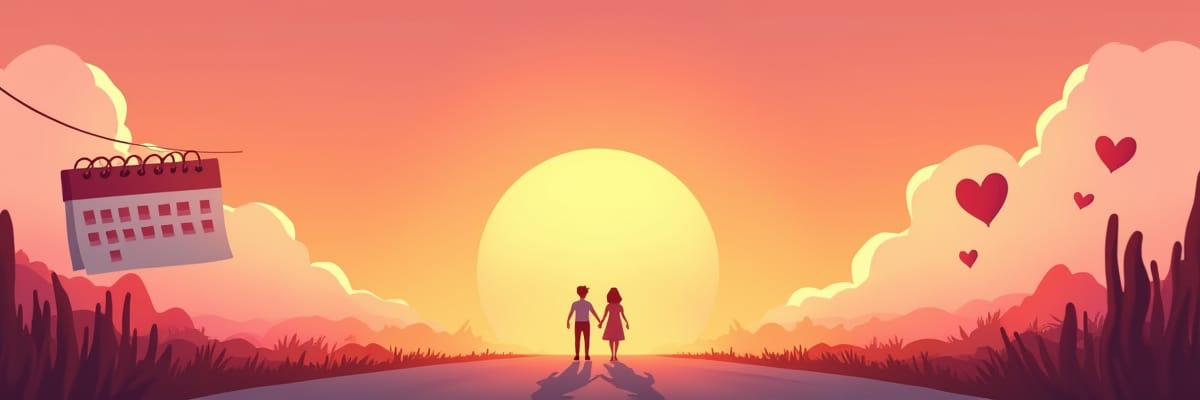 Couple main dans la main au coucher du soleil, calendrier à gauche et cœurs à droite