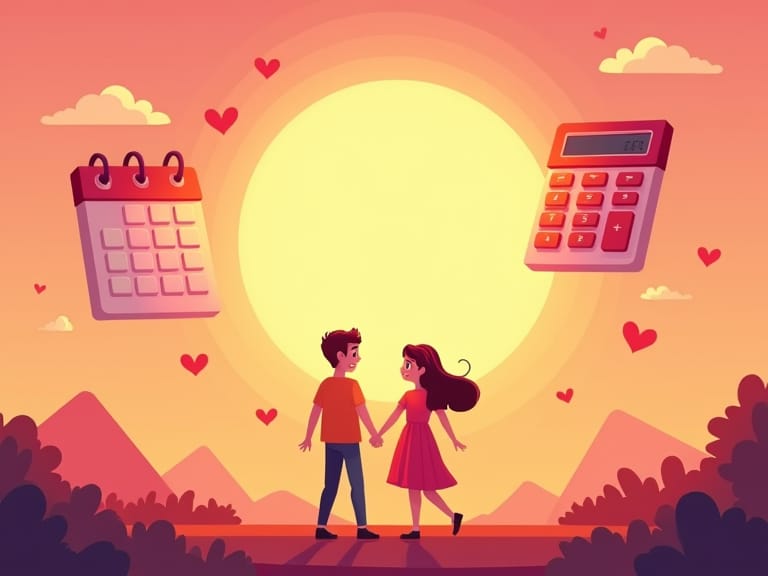 Couple main dans la main face au soleil couchant, calendrier et calculette