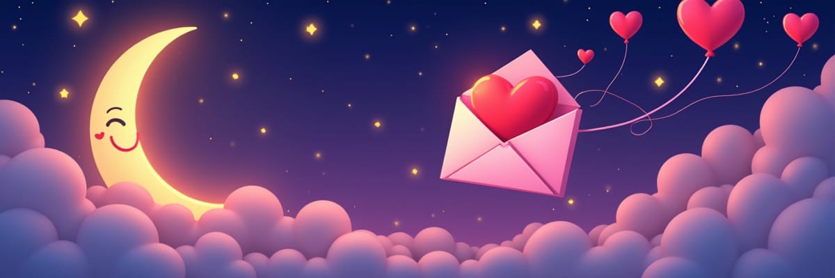 Lettre d'amour sous la lune entourée de ballons cœurs