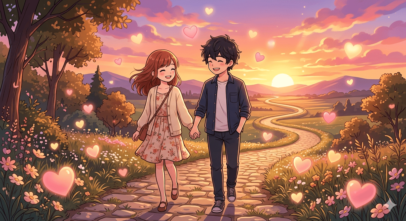 Couple main dans la main au coucher du soleil