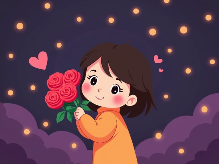Personnage timide cachant un bouquet de roses rouges dans son dos