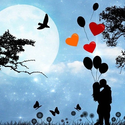 Dessin représentant 2 personnes qui s'embrasse au claire de lune avec des ballons et cœur rouge